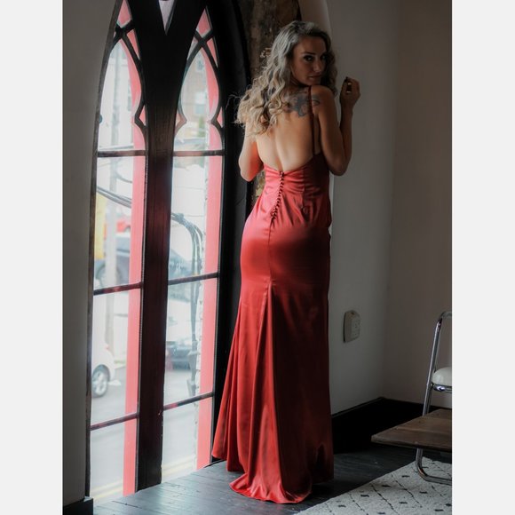 60442 Satin Gown in Merlot and Peacock color - Picture 8 of 10